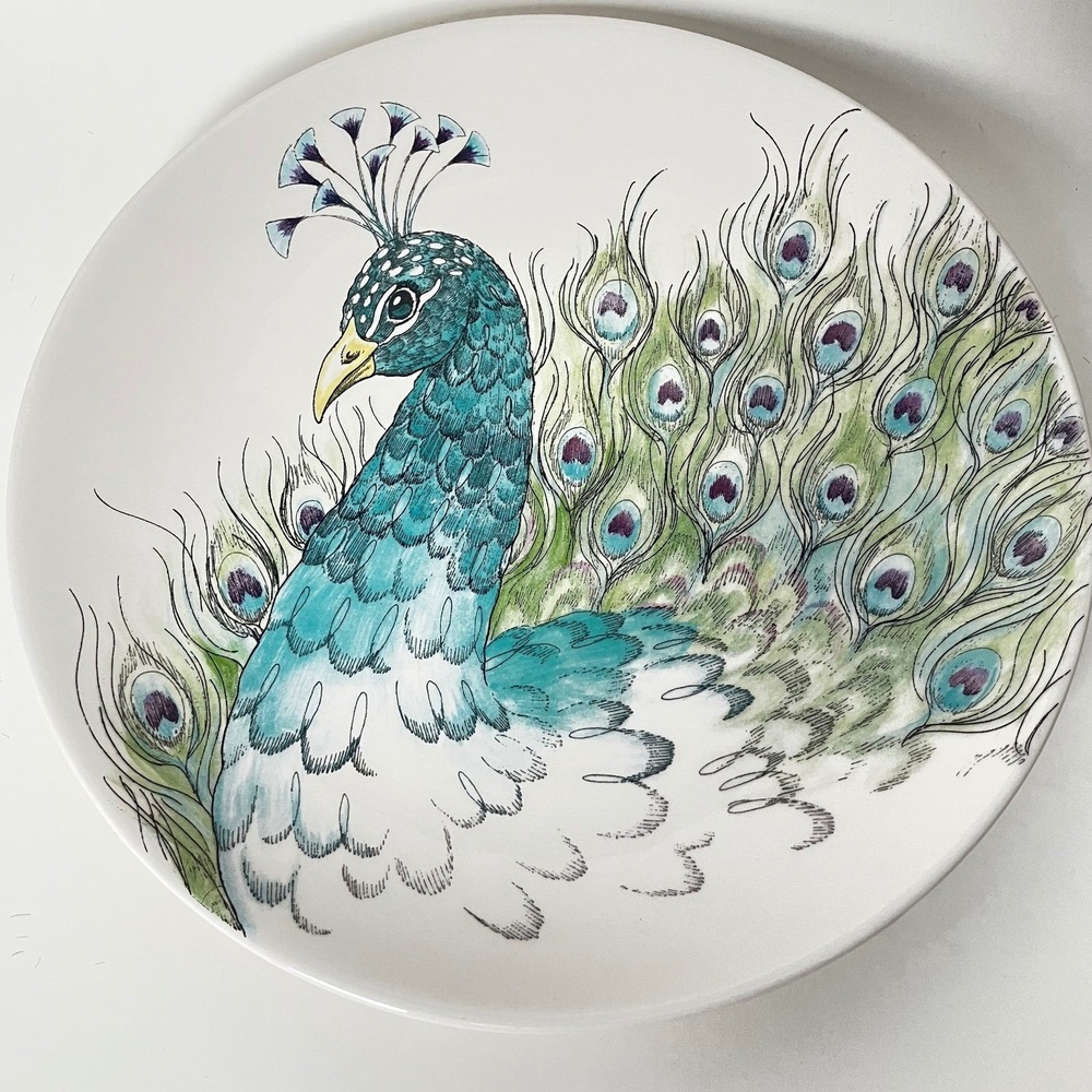 Edie Rose Home Peacock Collection Dinner Plate Turquoise Teal White 10.5 Inch